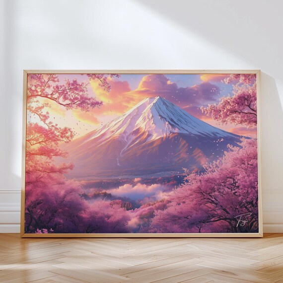 Mount Fuji Sunset Cherry Blossom Dreamy Japan Landscape Poster