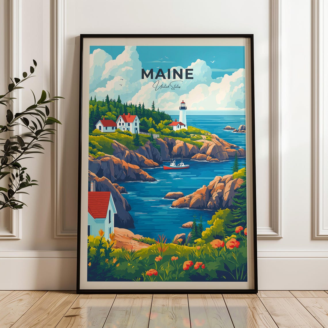 Maine Rocky Coast Lighthouse White Cottages Atlantic Ocean Poster