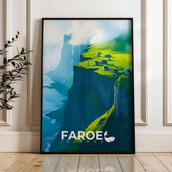 Faroe Islands Travel Poster, Hiking Illustration