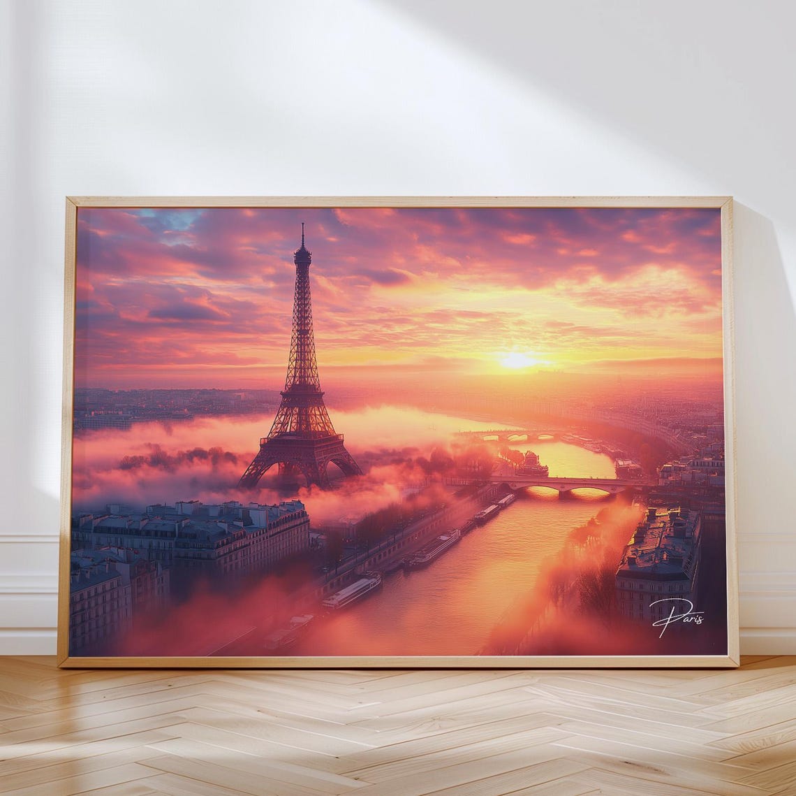 Paris Eiffel Tower Sunset Over The Seine River Travel Poster