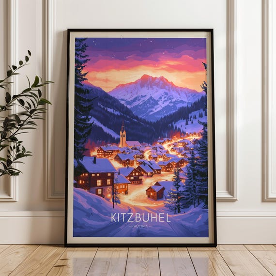 Kitzbuhel Travel Poster, Austria Ski Illustration