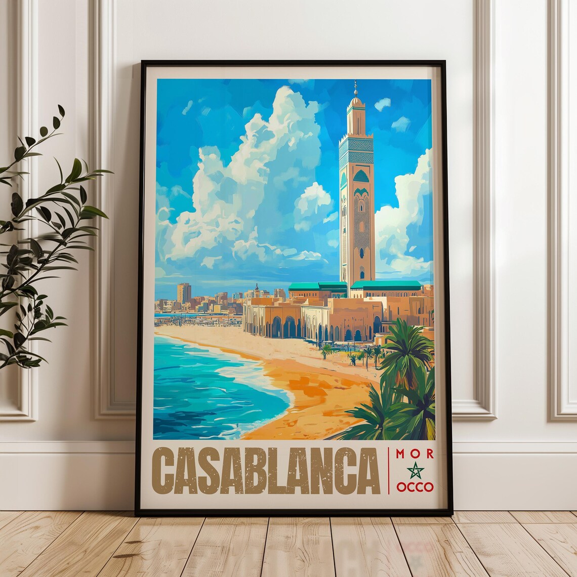 Casablanca Travel Poster, Hassan II Mosque Morocco