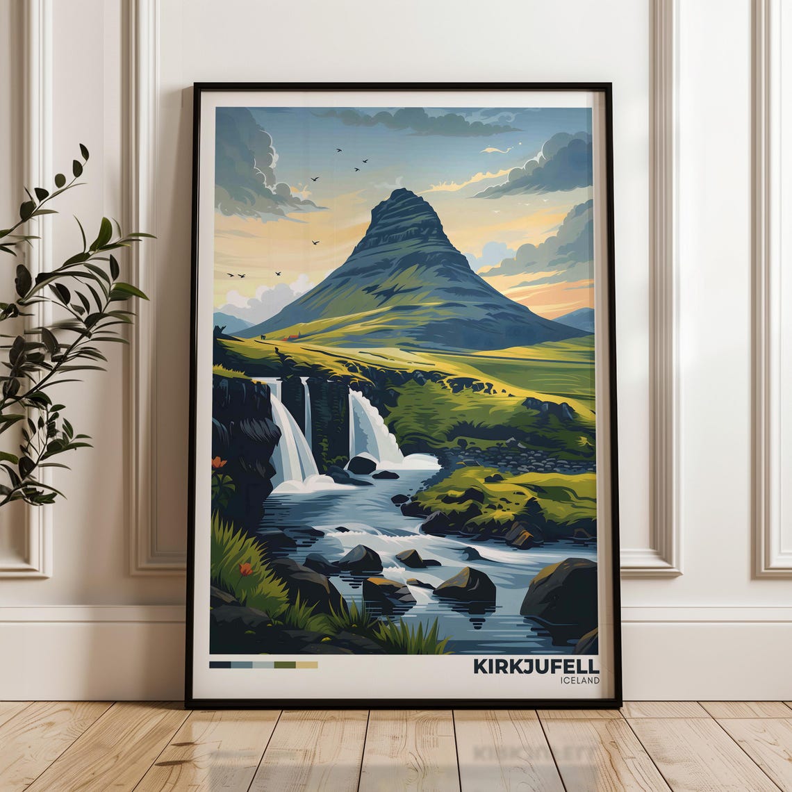 Kirkjufell Iceland Twin Waterfall Sunset Mountain Travel Poster