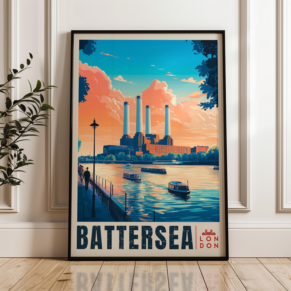 Battersea Power Station by the Thames at Sunset London Travel Poster