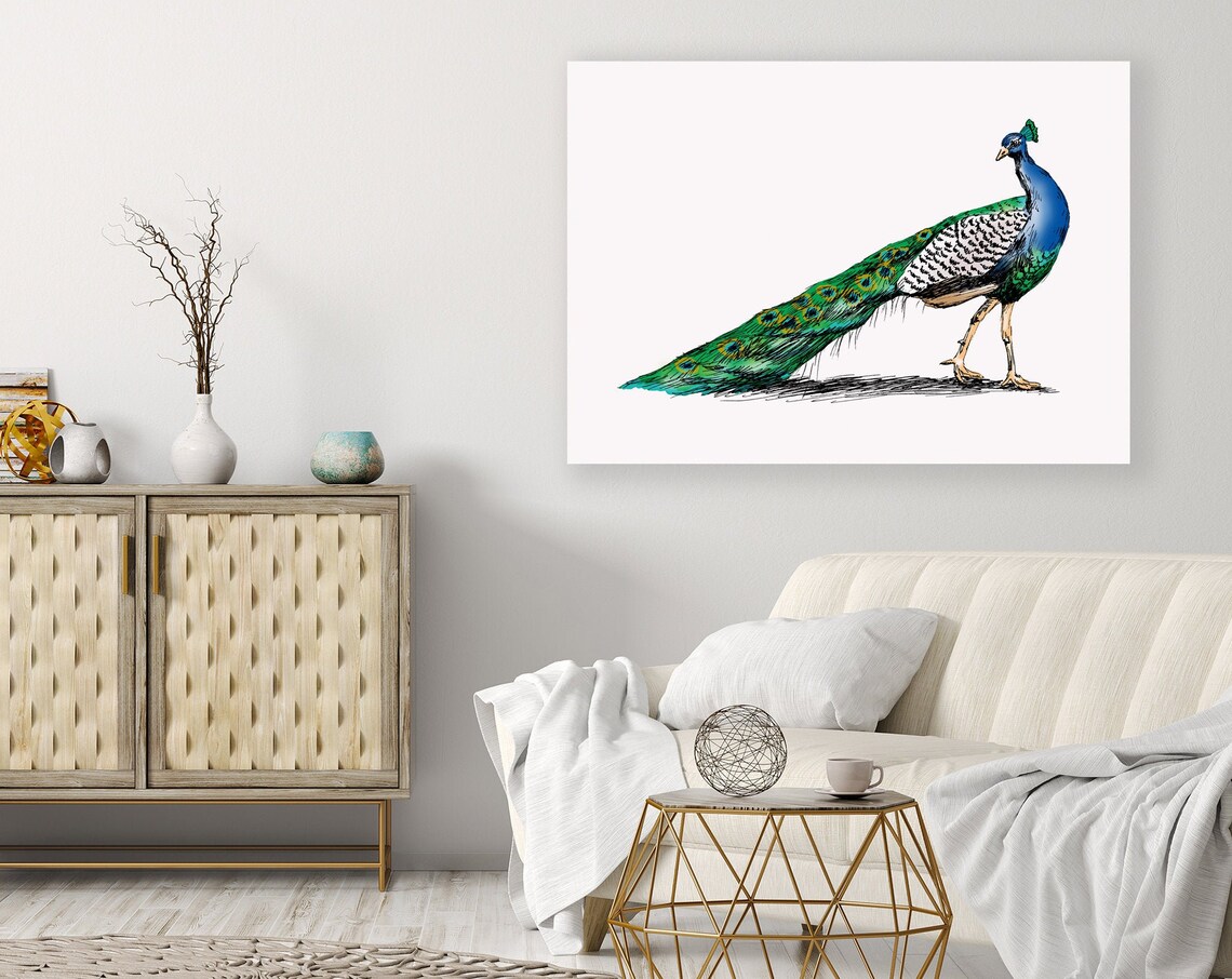 Colorful Peacock Strutting Watercolor Bird Horizontal Art Print