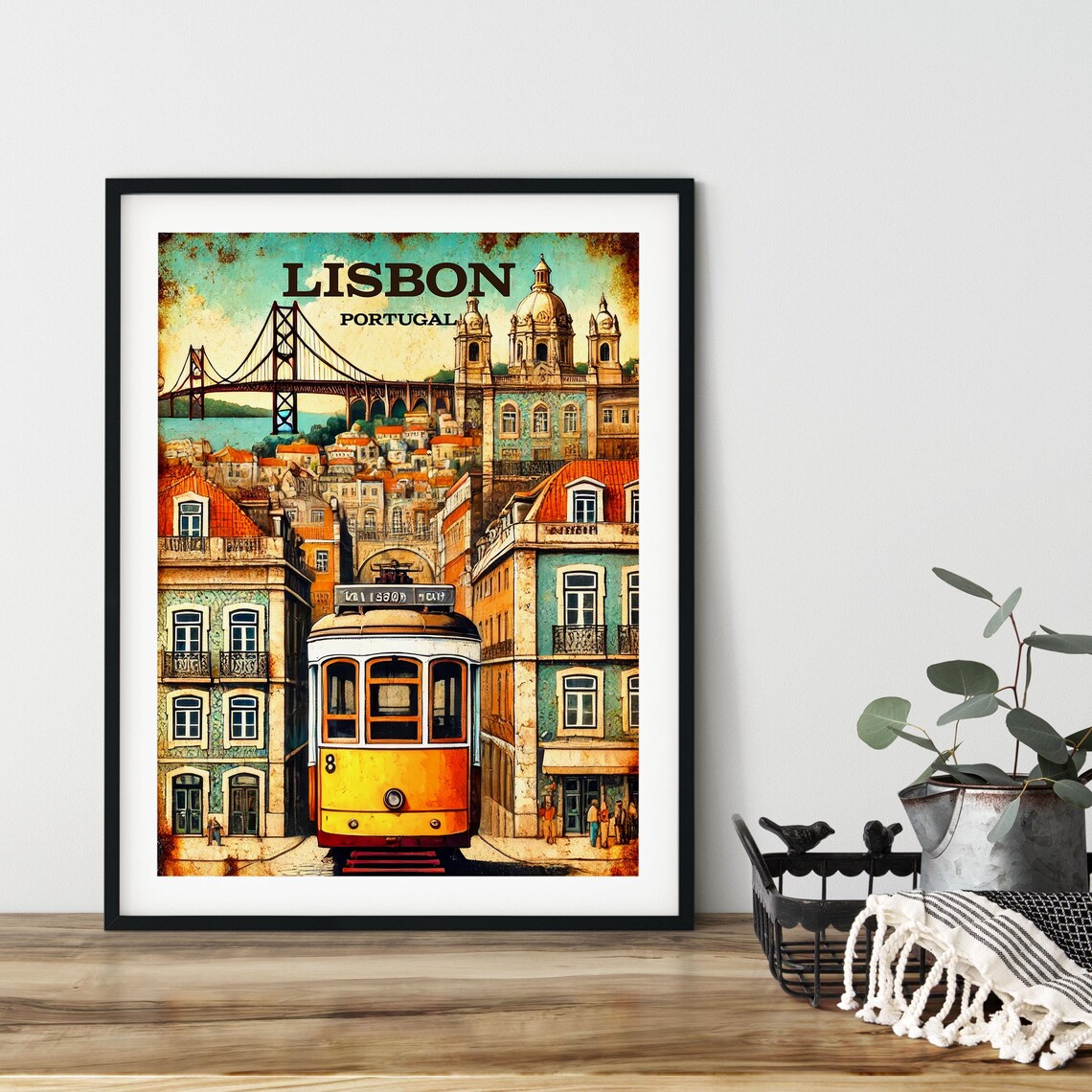 Lisbon Portugal Yellow Tram 8 Vintage Street Scene Retro Travel Poster