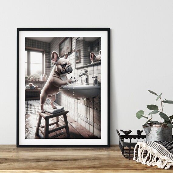 French Bulldog Washing Paws In The Bathroom Funny Wall Art Poster Instant Ai Dogs