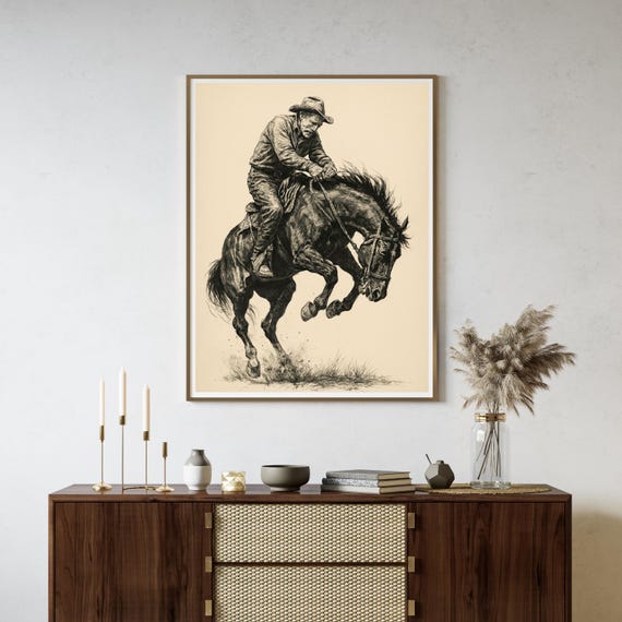 Wild West Rodeo Cowboy Sketch, Vintage Western Art