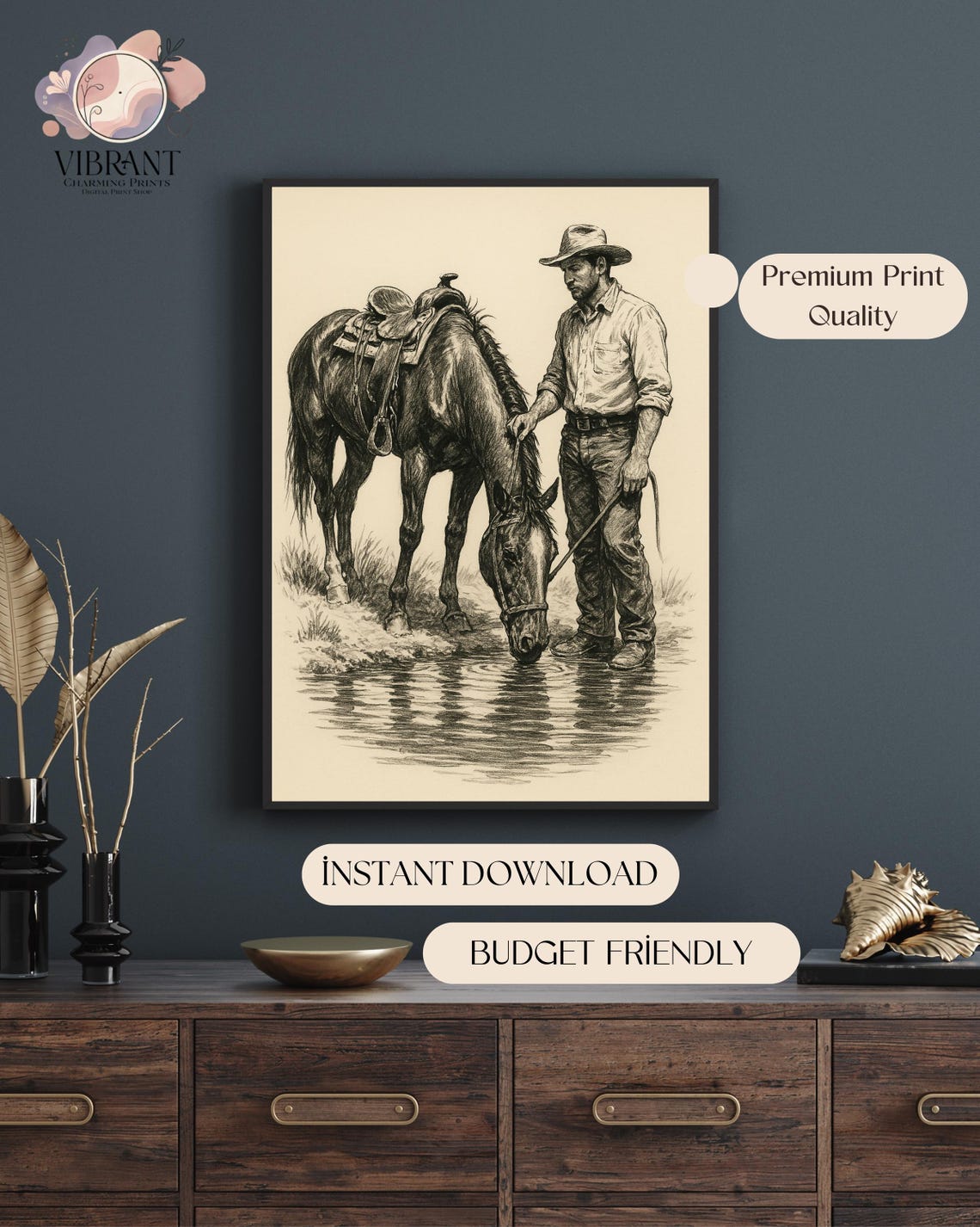 Western Cowboy And Horse At Water, Vintage Ranch Decor - Image 5