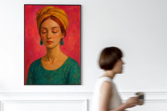 Boho Woman Portrait, Bold Colorful Female Face
