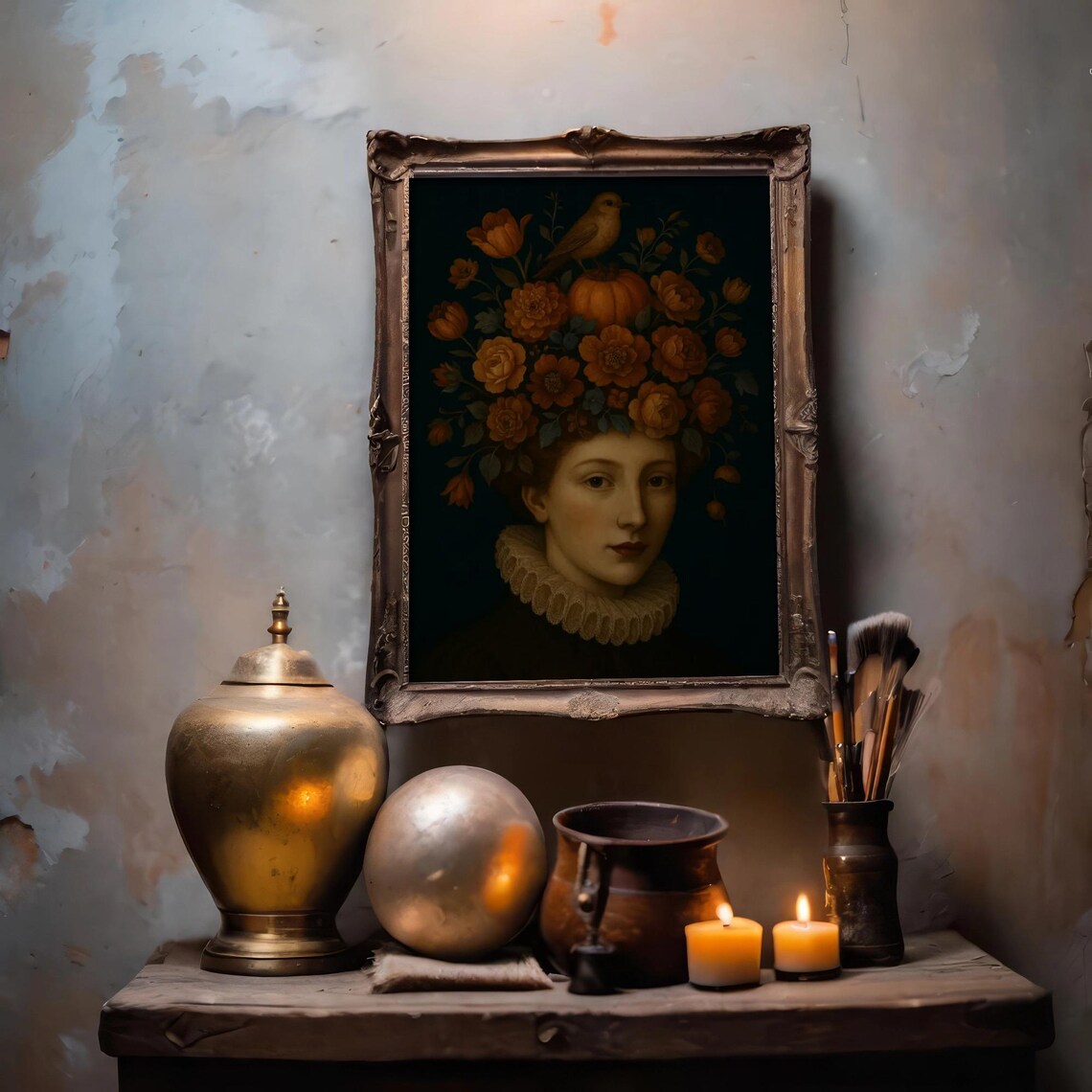 Autumn Floral Portrait, Vintage Woman With Pumpkin Crown