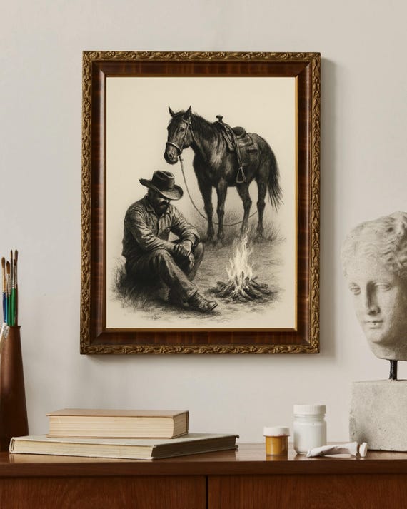 Western Cowboy Campfire Sketch, Rustic Vintage Decor