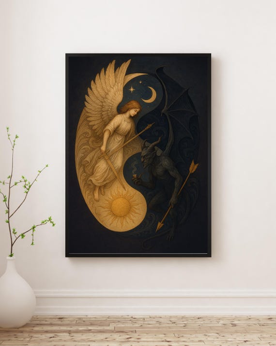 Angel And Demon Yin Yang, Mystical Balance Art Print