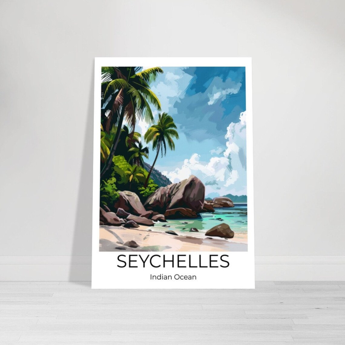 Seychelles Indian Ocean Tropical Beach Palm Watercolor Travel Poster