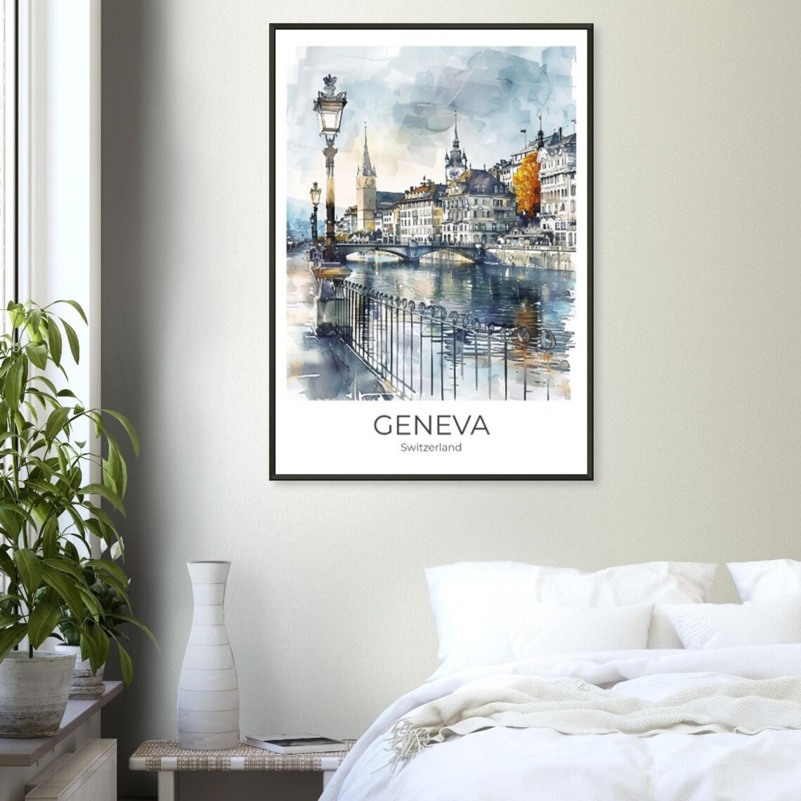Geneva Switzerland Riverside Bridge Old Town Watercolor Travel Poster - Image 5