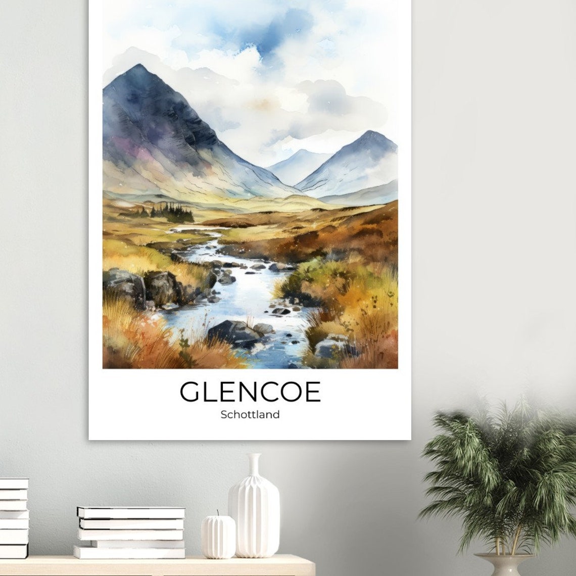 Glencoe Scotland Misty Watercolor Mountains and River Travel Poster - Image 3