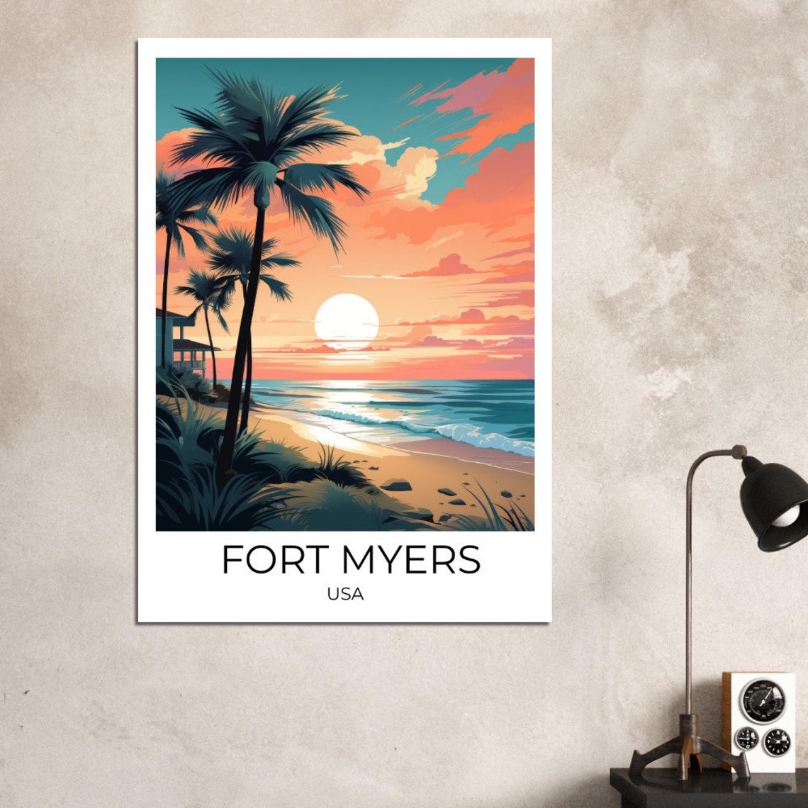 Fort Myers Beach Sunset Palms Vintage Florida Travel Art Poster - Image 2