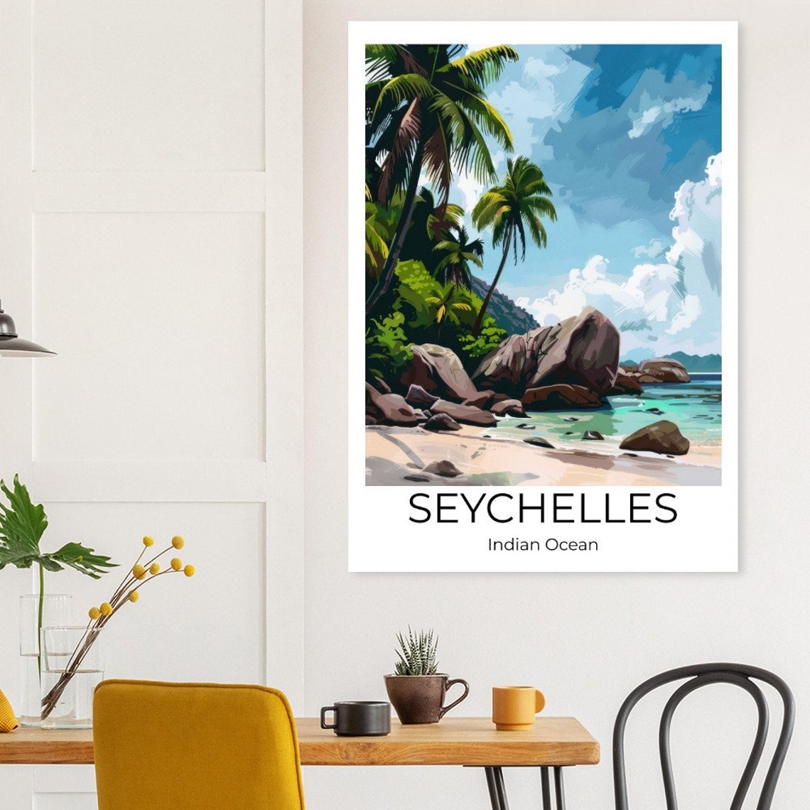 Seychelles Indian Ocean Tropical Beach Palm Watercolor Travel Poster - Image 3
