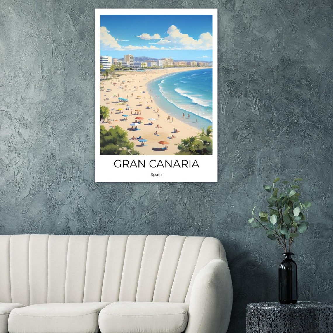 Gran Canaria Spain Busy Beach With Parasols and Resort Skyline Poster - Image 4