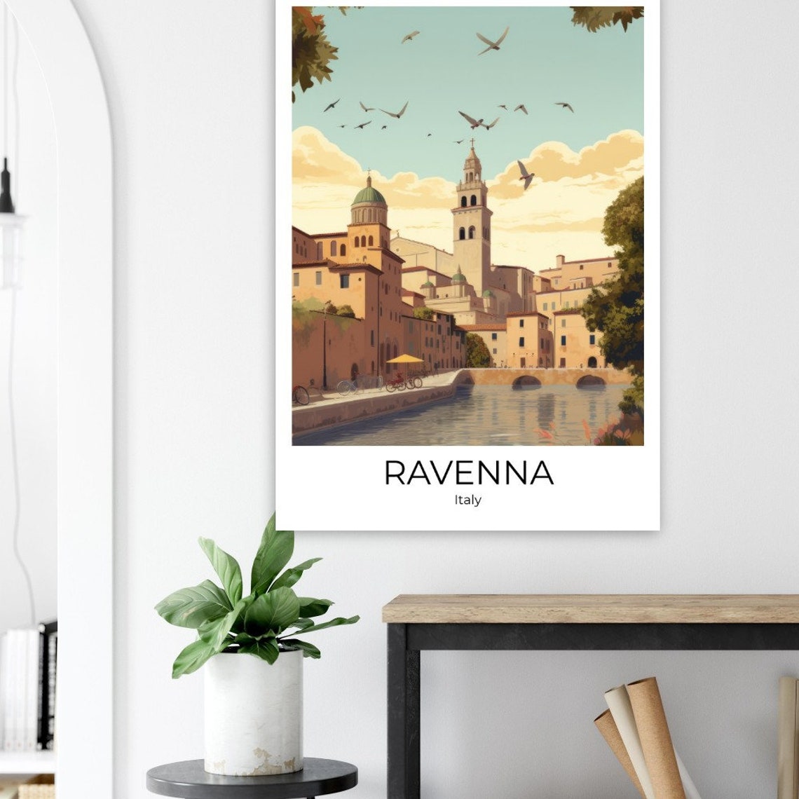 Ravenna Italy Illustrated Canal Church Tower and Birds Poster - Image 4