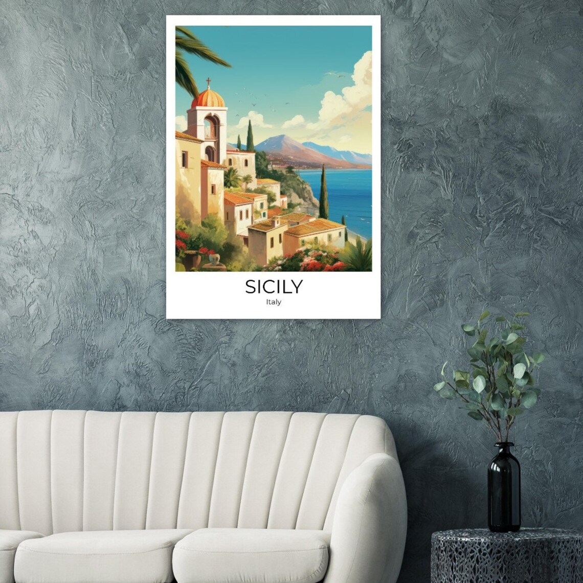 Sicily Italy Coastal Town Orange Dome Church Watercolor Poster - Image 4