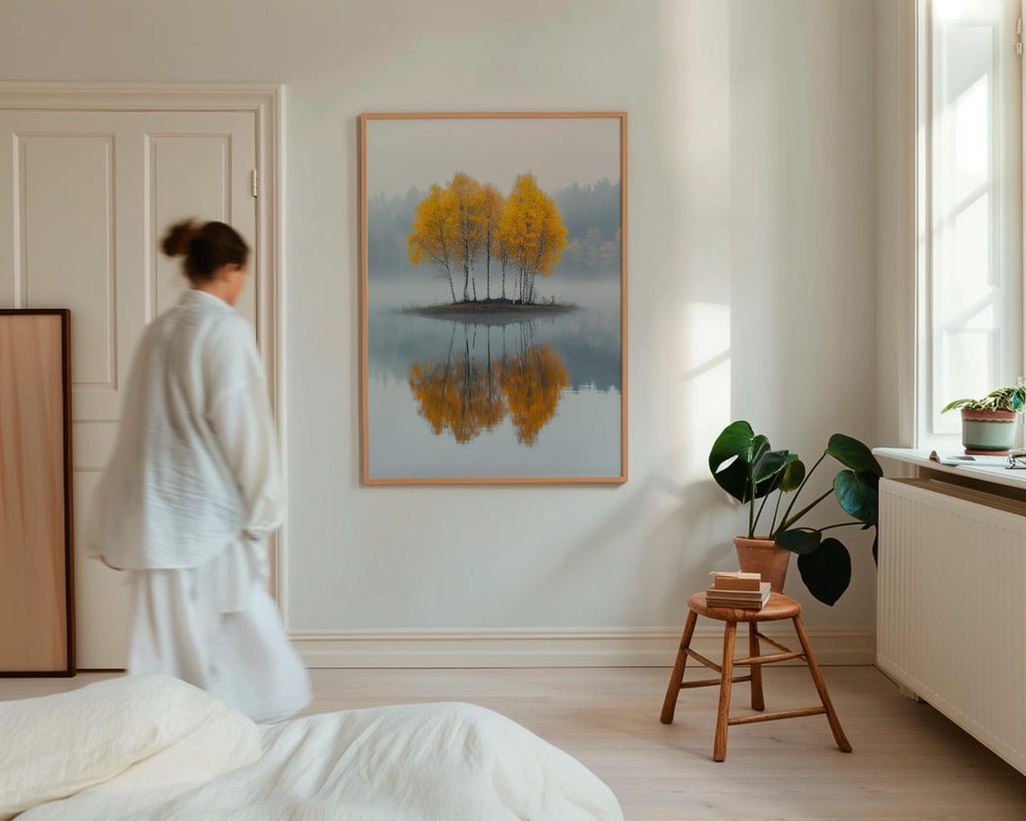Golden Birch Trees Autumn Poster Misty Lake Reflection Nature Art - Image 4