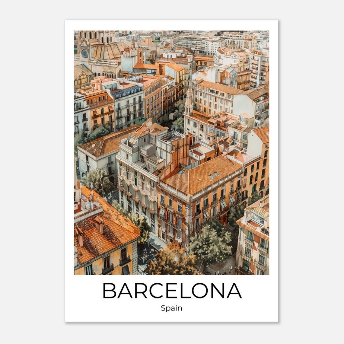 Barcelona Spain Aerial Rooftop View Old Town Watercolor Poster