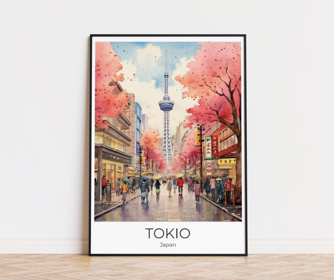 Tokyo Skytree Cherry Blossom Street Rainy Japan Travel Poster