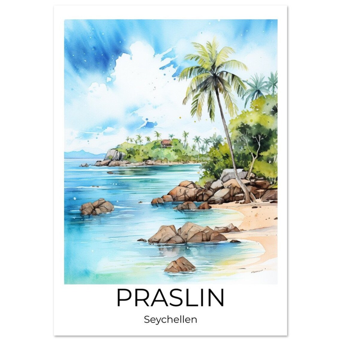 Praslin Seychelles Watercolor Tropical Beach Palm Cove Travel Poster - Image 2