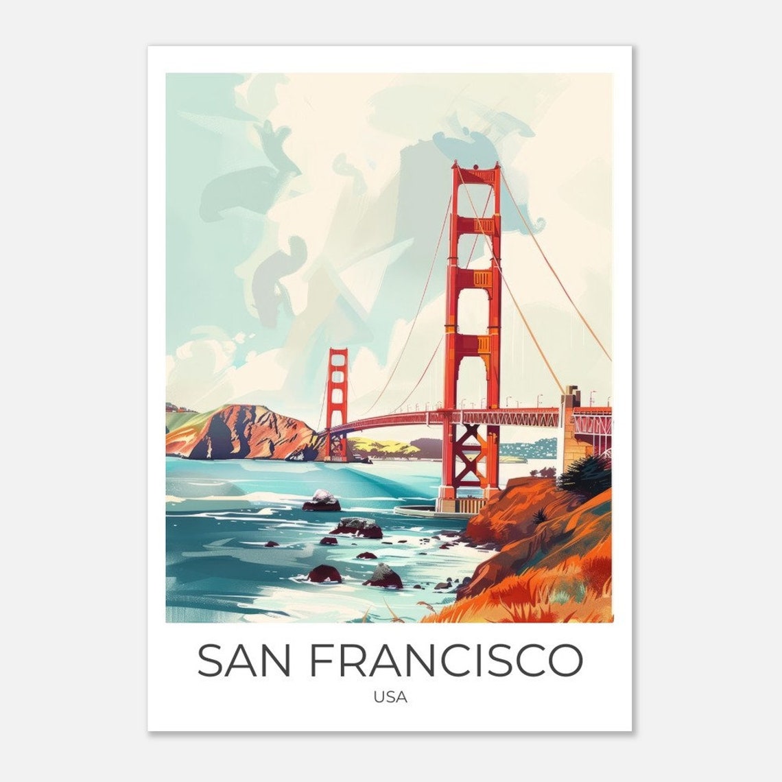 San Francisco Golden Gate Bridge Watercolor Bay View Travel Poster