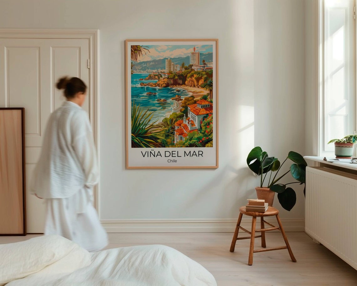 Viña del Mar Chile Illustrated Rocky Coast and Cliffside Villas Poster - Image 4