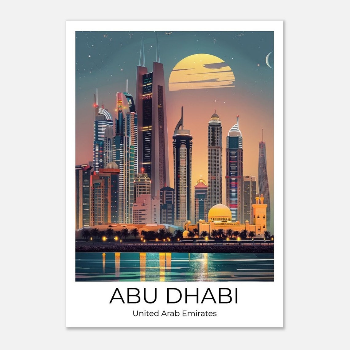 Abu Dhabi Corniche Waterfront Skyline Golden Sunset Travel Poster