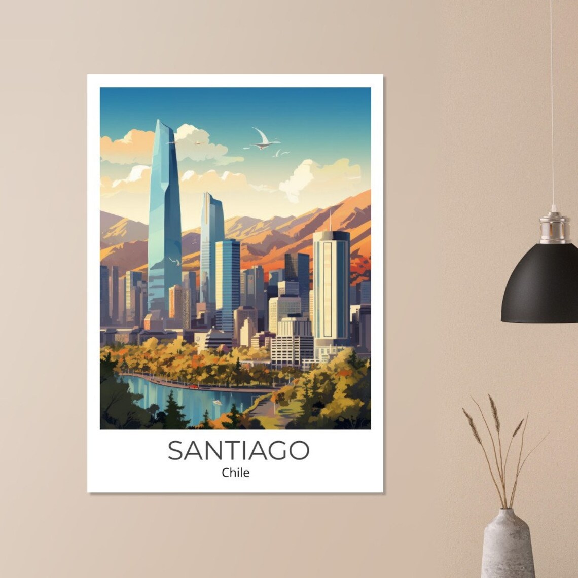Santiago Chile Skyline Andes Mountains Illustrated Travel Poster - Image 3