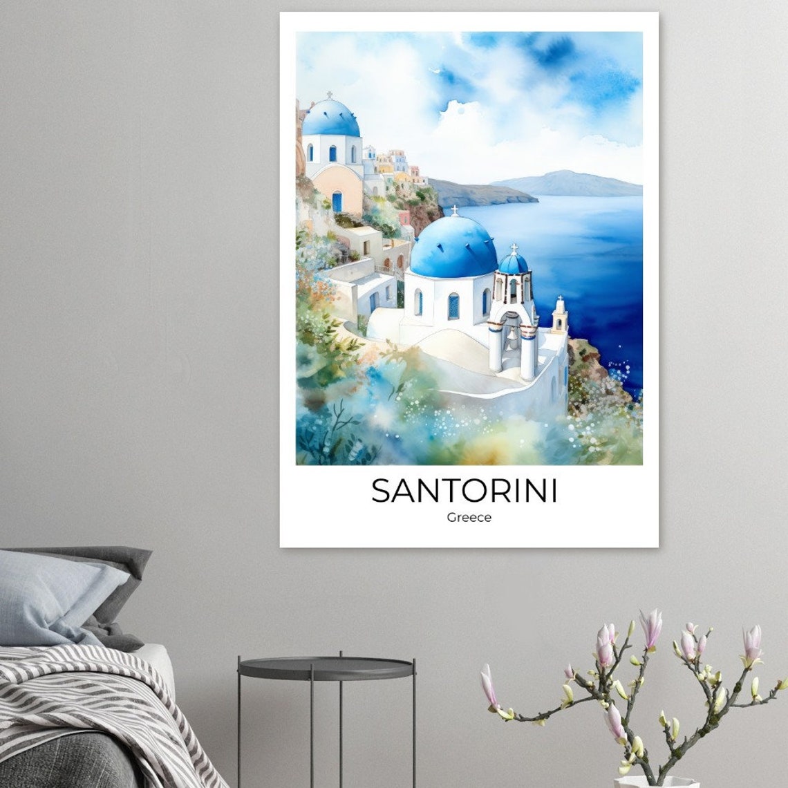 Santorini Greece Blue Domes Cliff Sea View Watercolor Travel Poster - Image 3