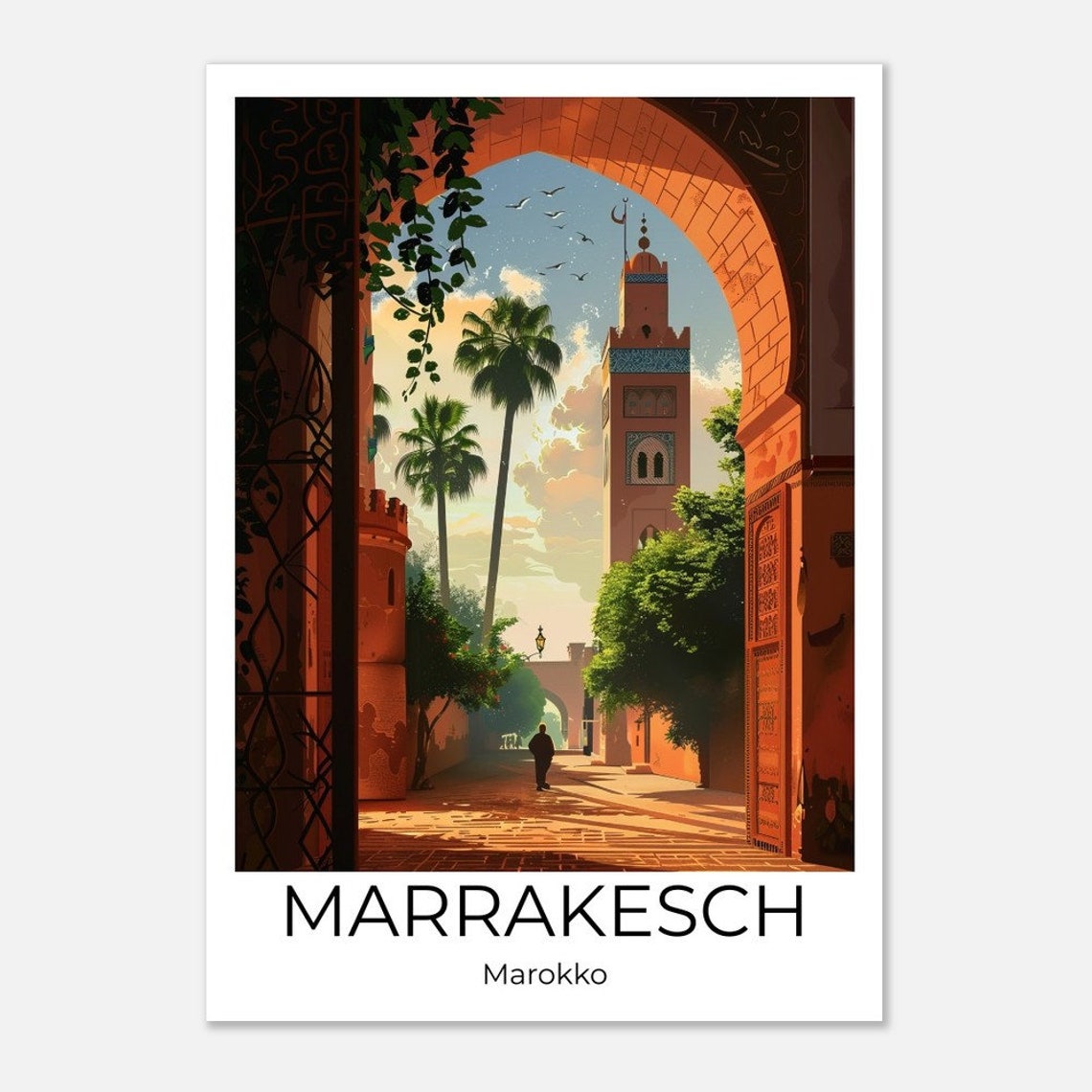 Marrakech Minaret Travel Poster Morocco Sunset Archway Scene Art