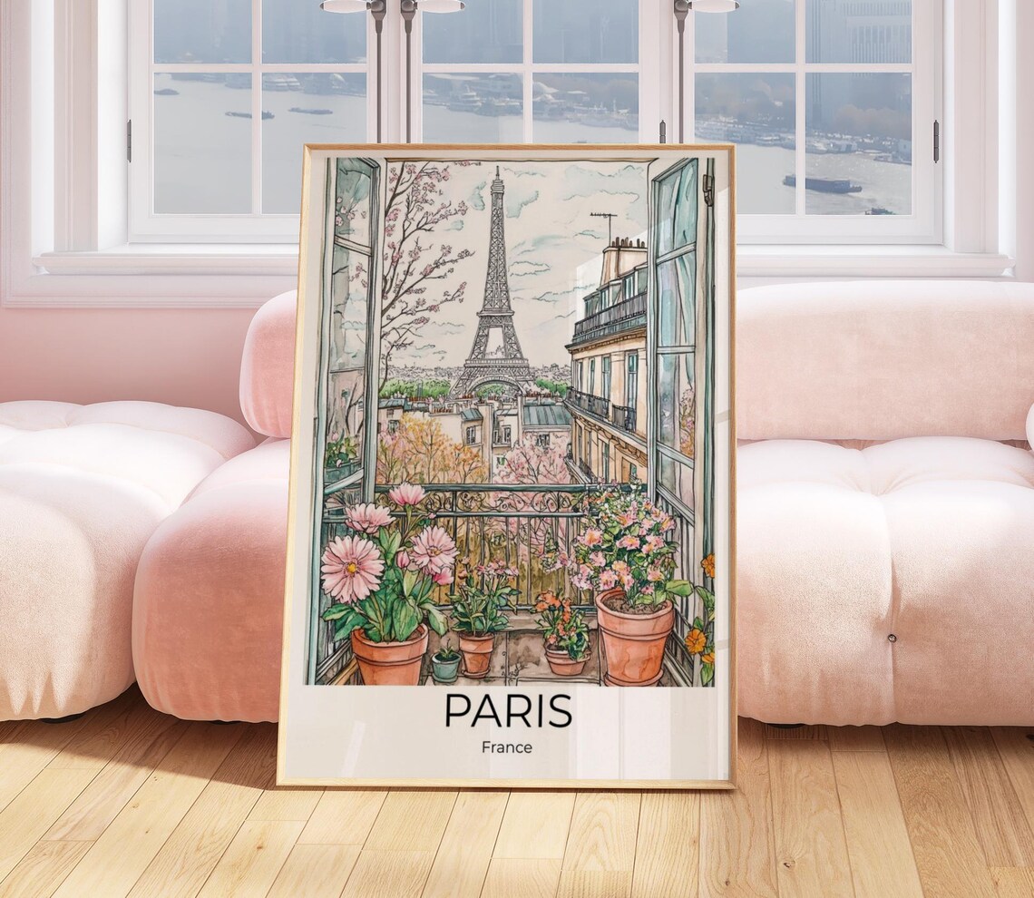 Paris Eiffel Tower Balcony Flower View French City Watercolor Poster - Image 5
