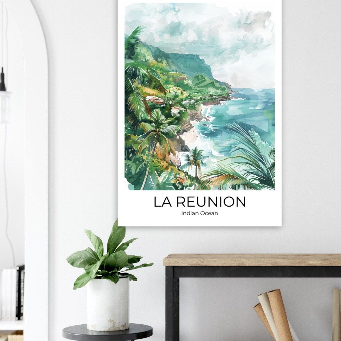 La Reunion Indian Ocean Tropical Coast Watercolor Travel Poster - Image 2