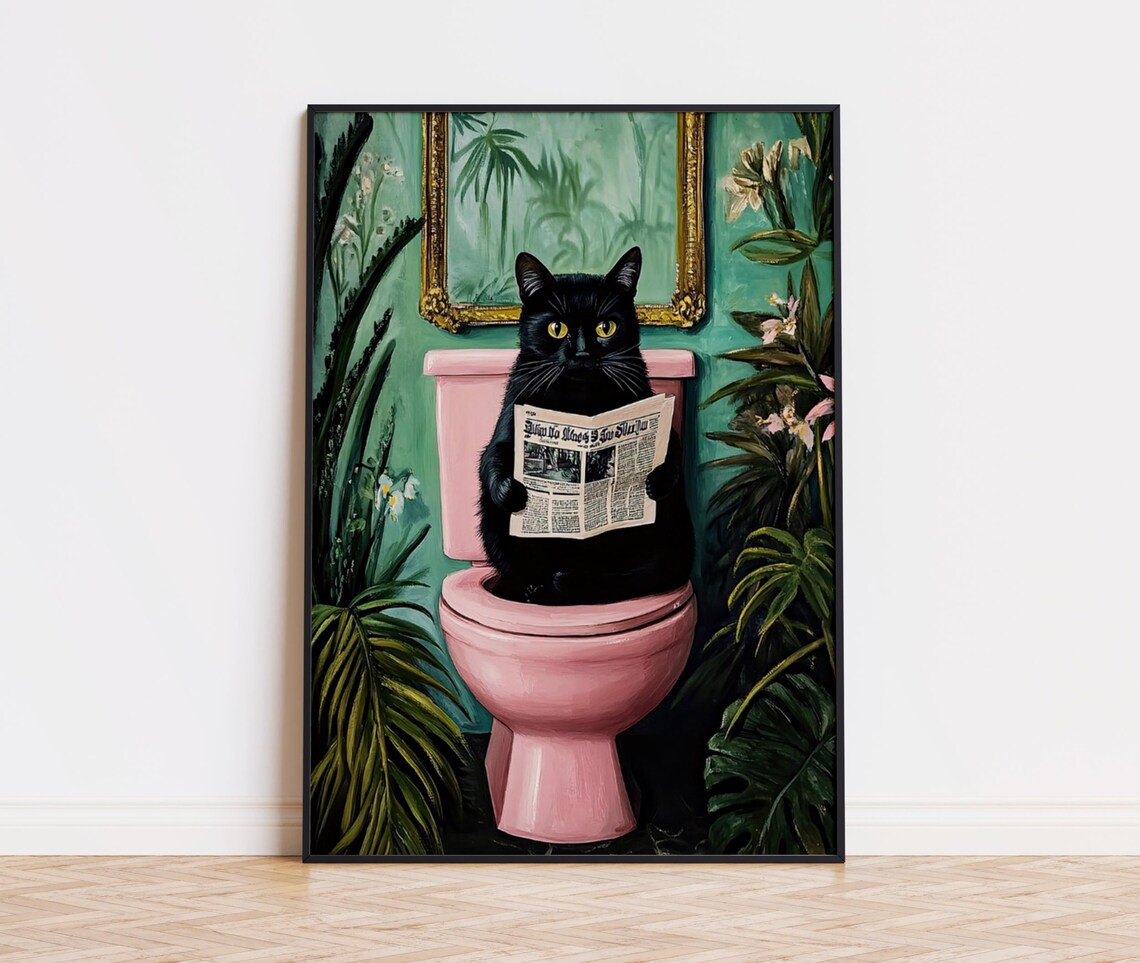 Black Cat Reading Newspaper on Pink Toilet Funny Bathroom Poster