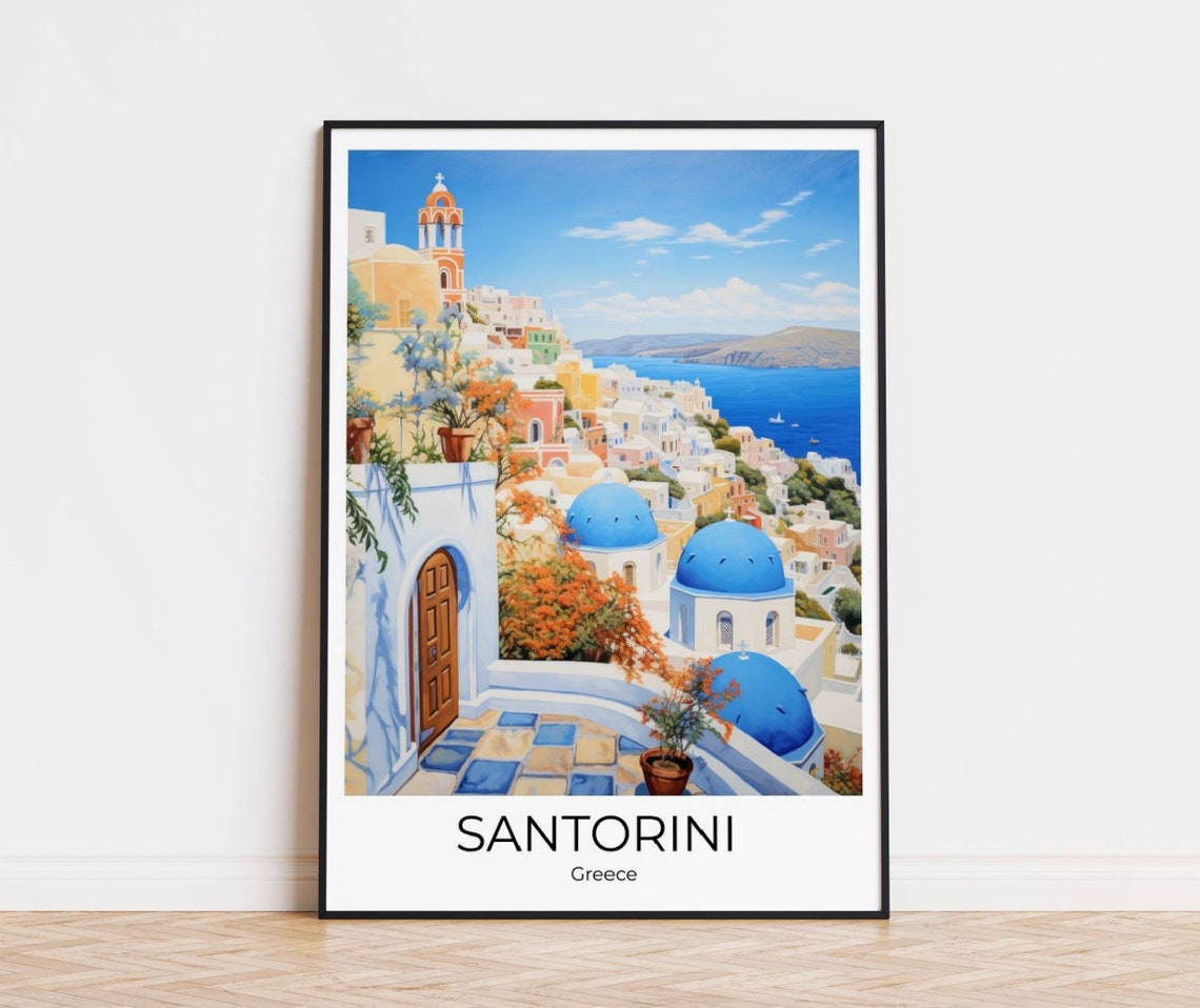 Santorini Greece Blue Dome Churches Caldera Village Travel Poster