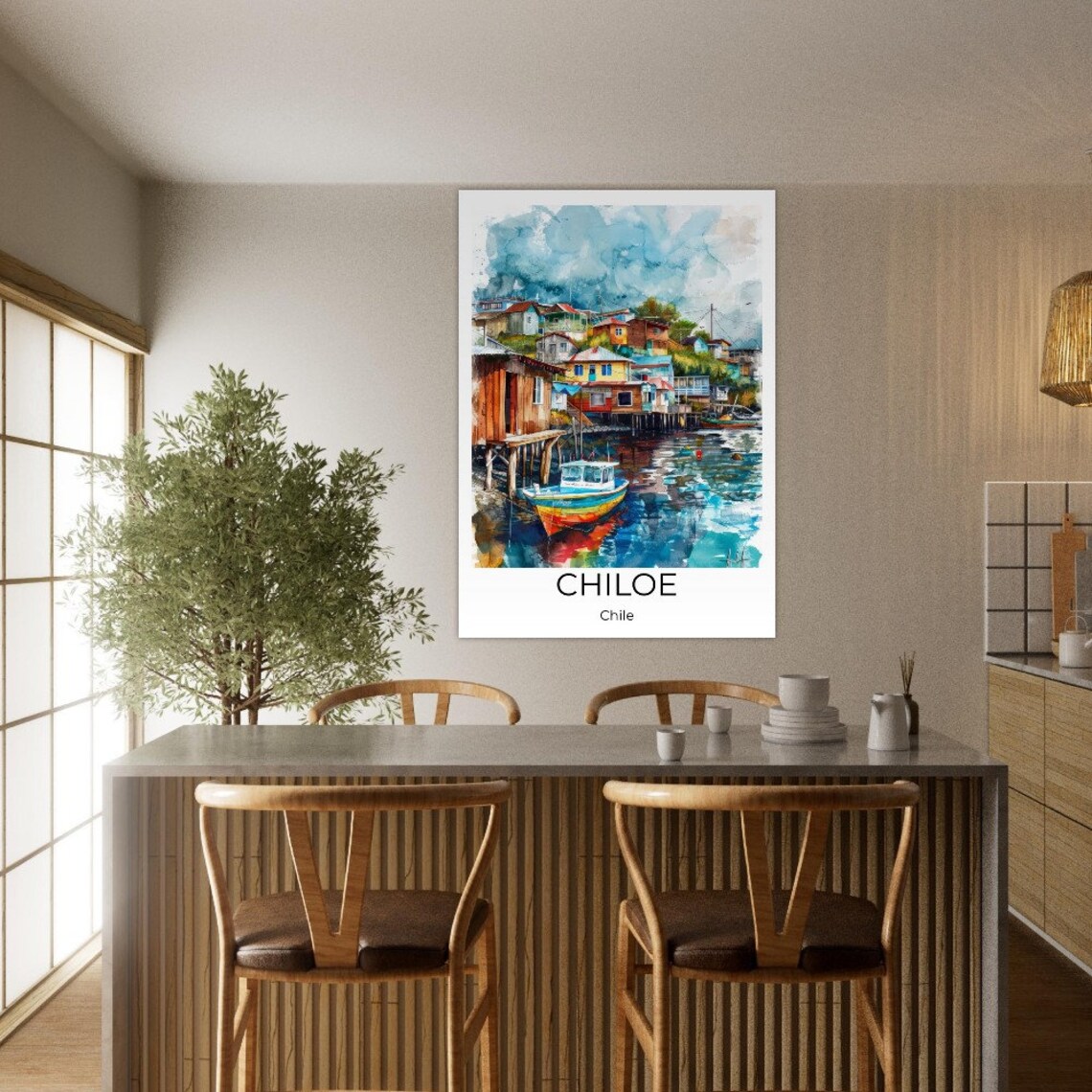 Chiloe Chile Watercolor Stilt Houses Colorful Boat Travel Poster - Image 2