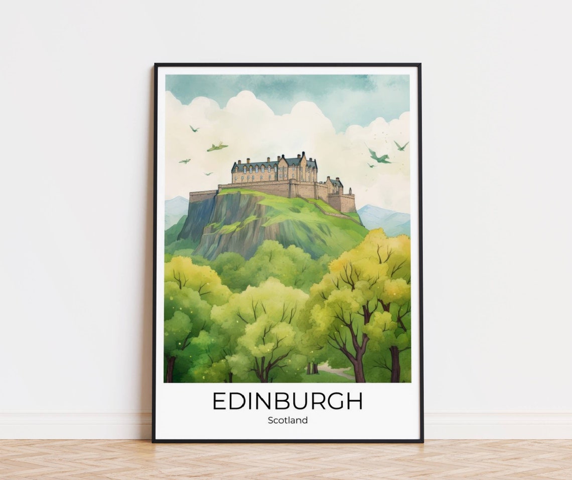 Edinburgh Castle Scotland Watercolor Rock Spring Trees Travel Poster