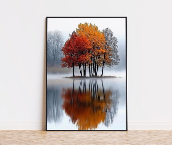 Red Orange Birch Grove Autumn Poster Misty Lake Mirror Reflection
