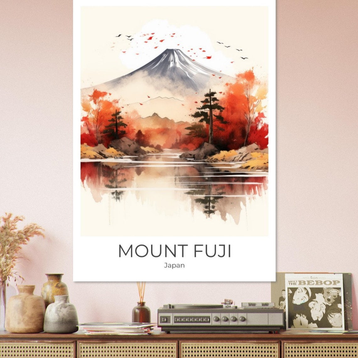 Mount Fuji Japan Autumn Maple Lake Reflection Watercolor Poster - Image 4