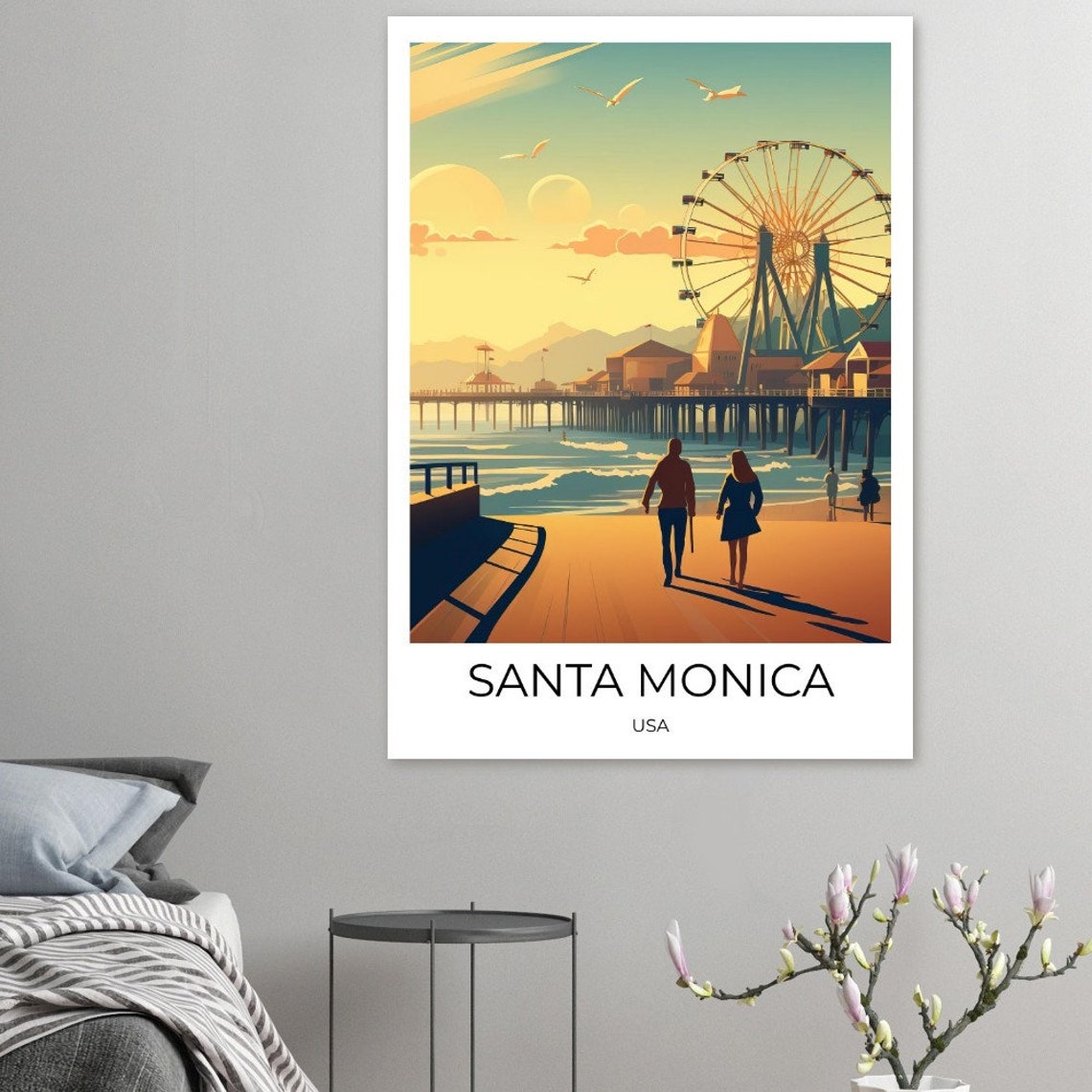 Santa Monica Pier Sunset Ferris Wheel Vintage Travel Art Poster - Image 3