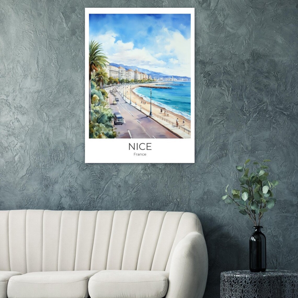 Nice France Sunny Beach Promenade Palms Watercolor Travel Poster - Image 3