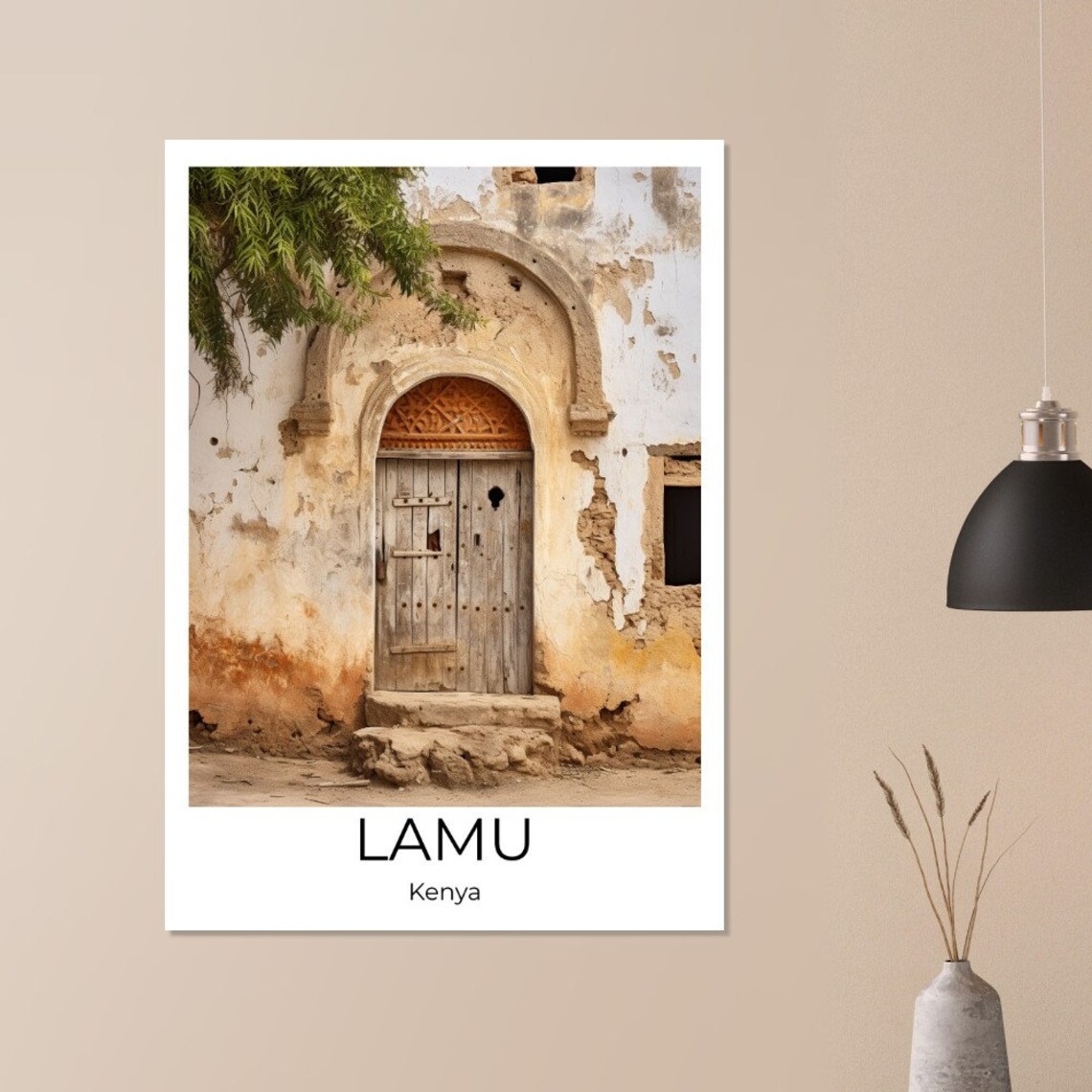 Lamu Kenya Travel Poster Weathered Wooden Door Swahili Coast Scene - Image 3