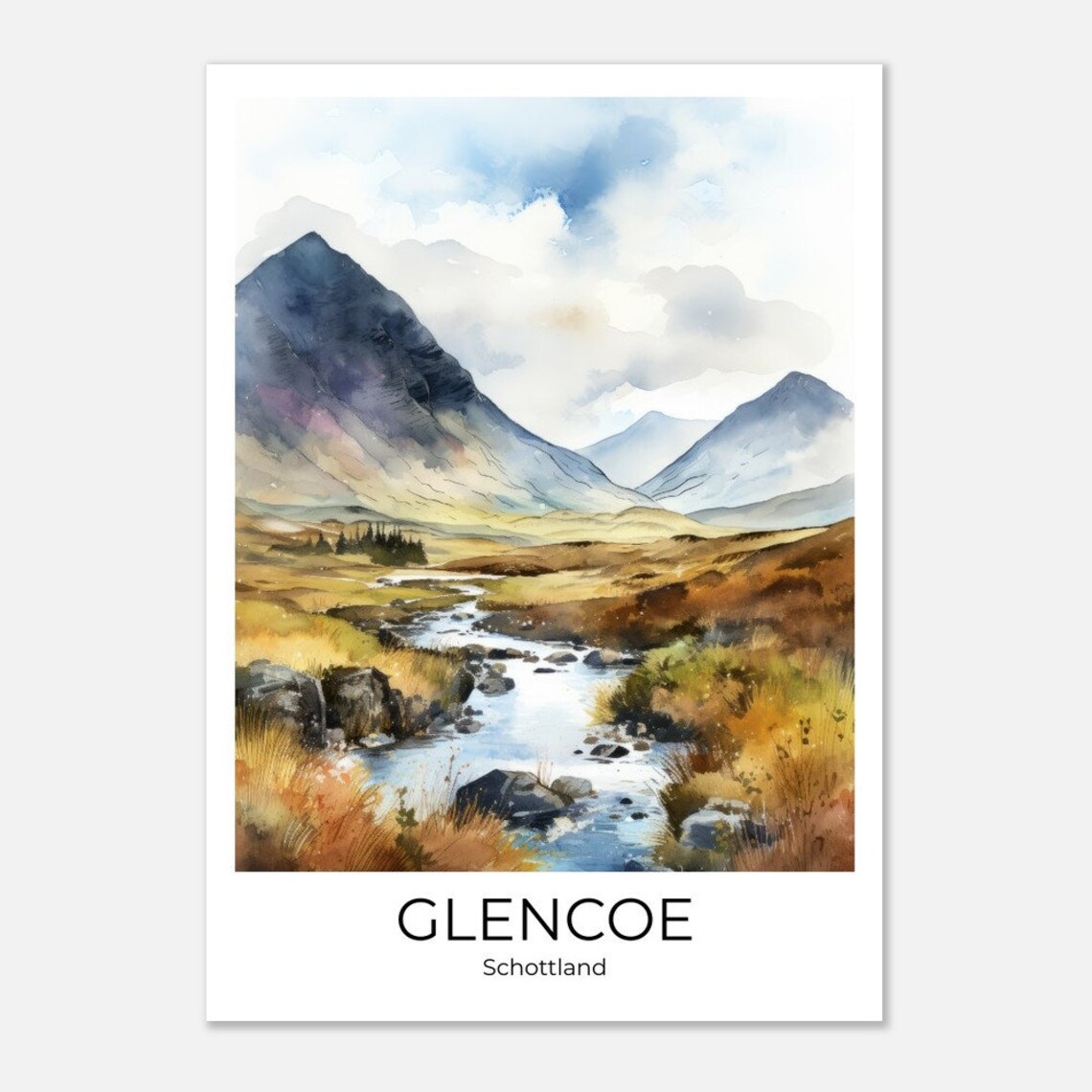 Glencoe Scotland Misty Watercolor Mountains and River Travel Poster - Image 4