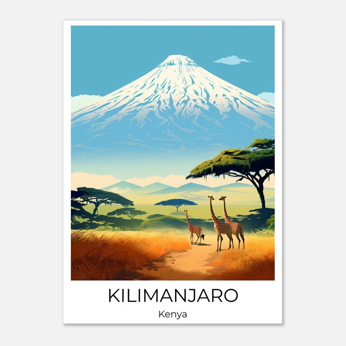 Kilimanjaro Kenya Giraffes and Acacia Trees Under Snow Peak Poster - Image 4