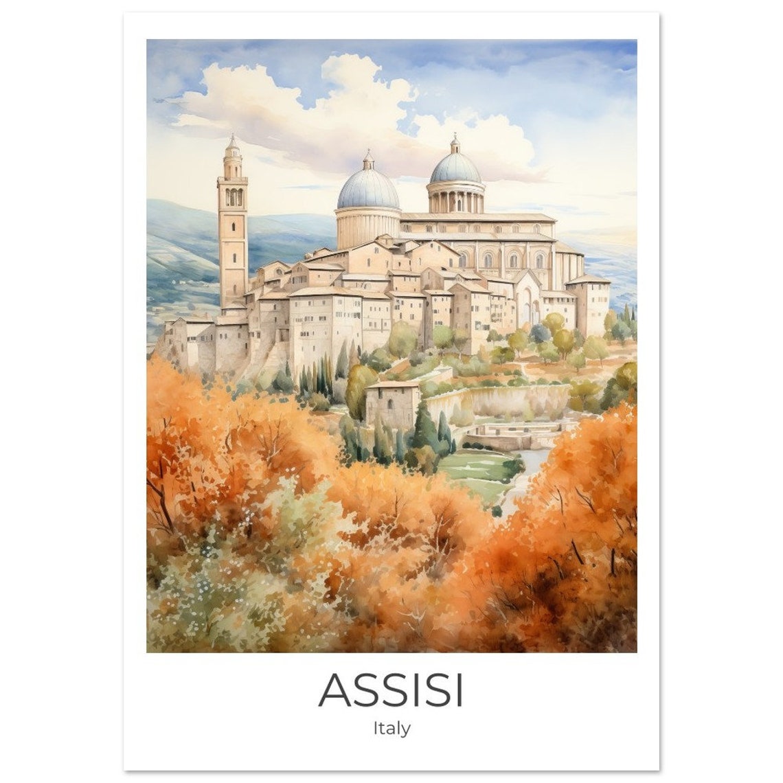 Assisi Italy Basilica Hillside Autumn Foliage Watercolor Poster - Image 4