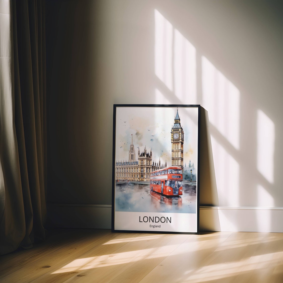 London England Big Ben Red Double Decker Bus Watercolor Travel Poster - Image 5